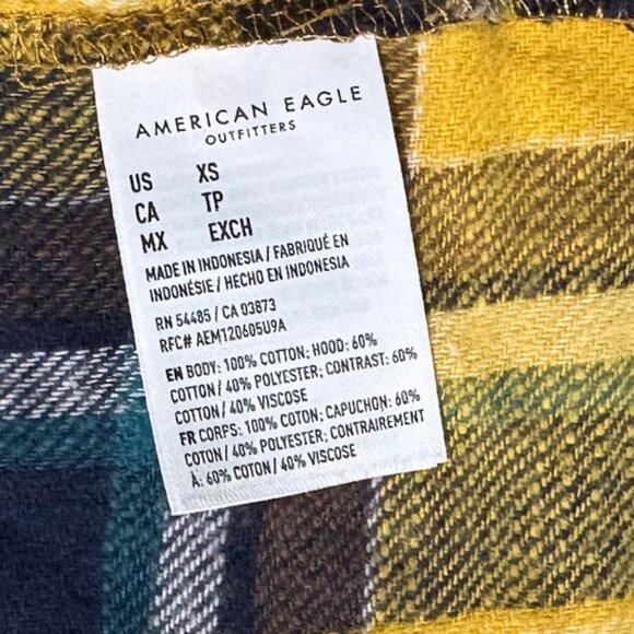 American Eagle AE Cropped Flannel Hooded Shirt Top XS Mustard Yellow Blue Brown - Picture 8 of 11